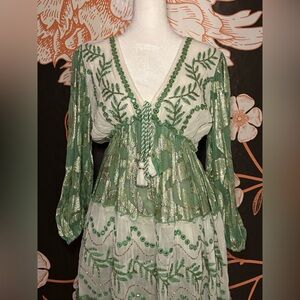 Green Embroidered V-Neck Long Sleeve Maxi Dress